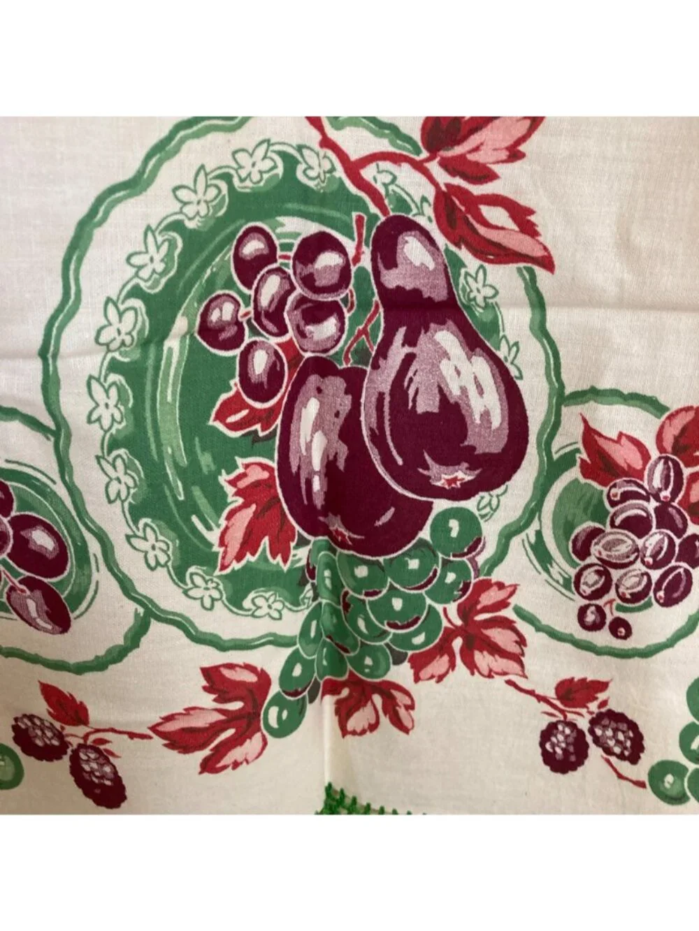 Vintage Table Runner Floral Fruit Crocheted Trim Green Purple Dresser Flaws